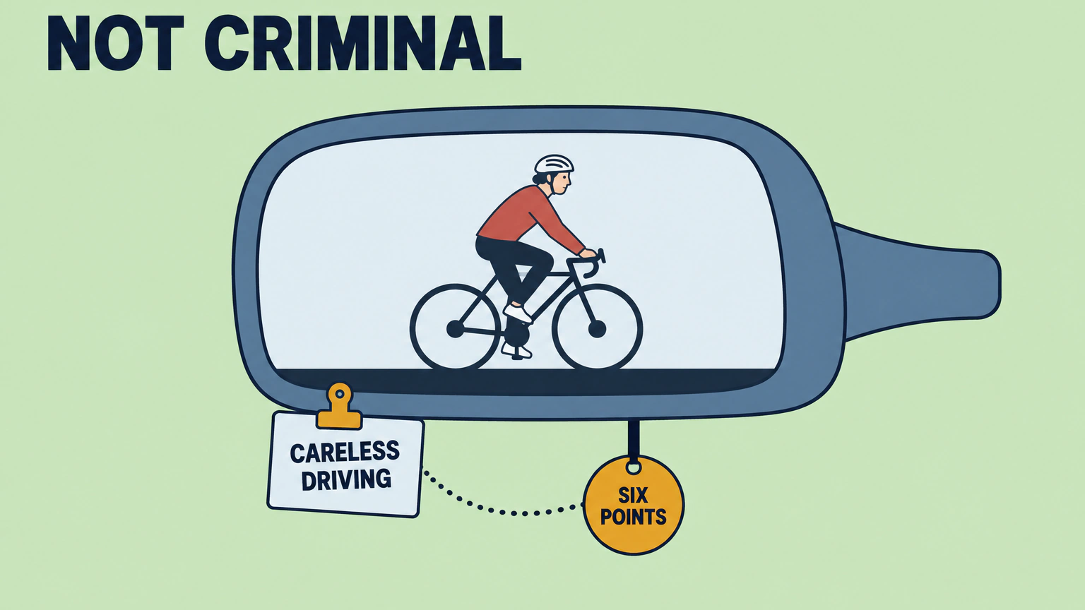 Flat illustration of a car's side mirror with a cyclist riding along the road in its glass. A paper slip reading "CARELESS DRIVING" is clipped to the mirror, a round tag reading "SIX POINTS" hangs beneath it, and the words "NOT CRIMINAL" sit above.