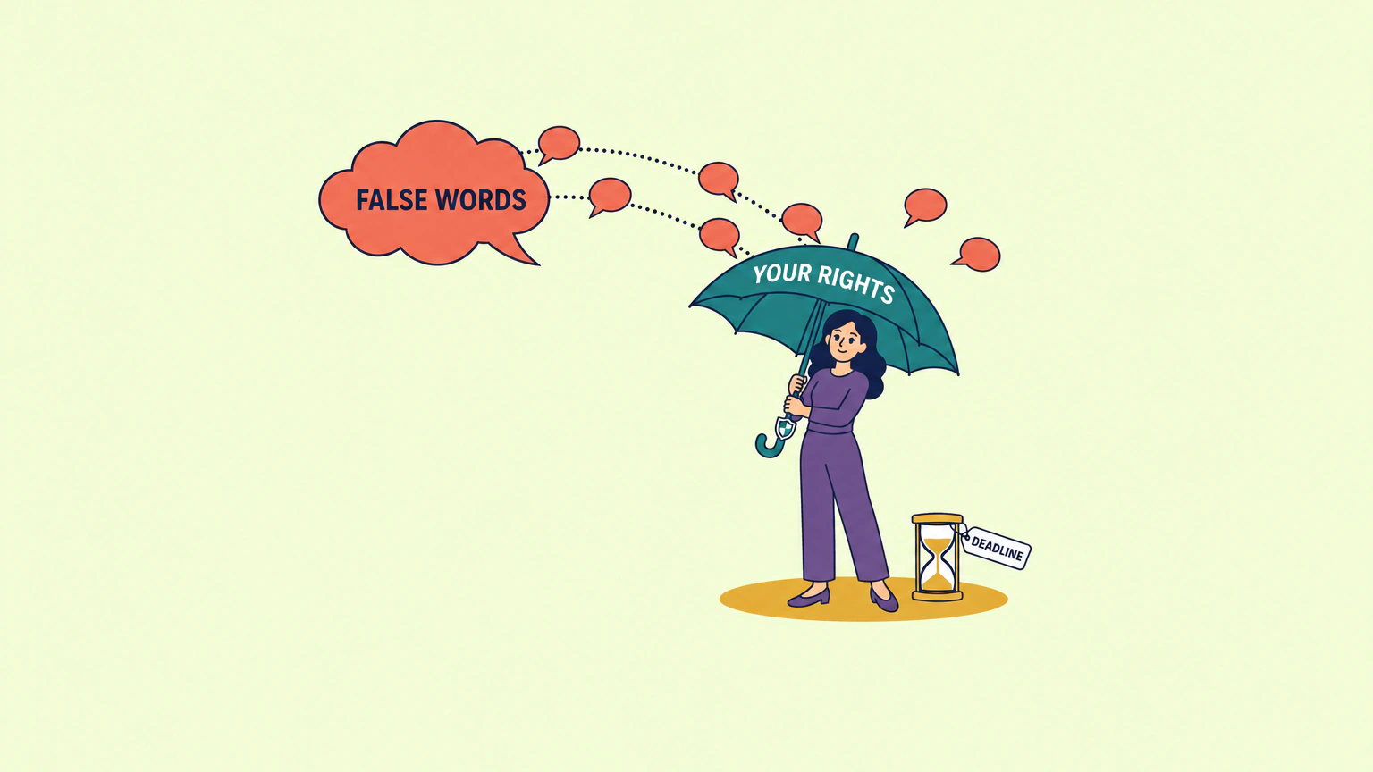 Illustration of a woman standing calmly under an open umbrella while a shower of small blank speech bubbles falls from a large storm-cloud-shaped speech bubble labelled false words. Her umbrella is labelled your rights, and a small hourglass at her feet is labelled deadline.
