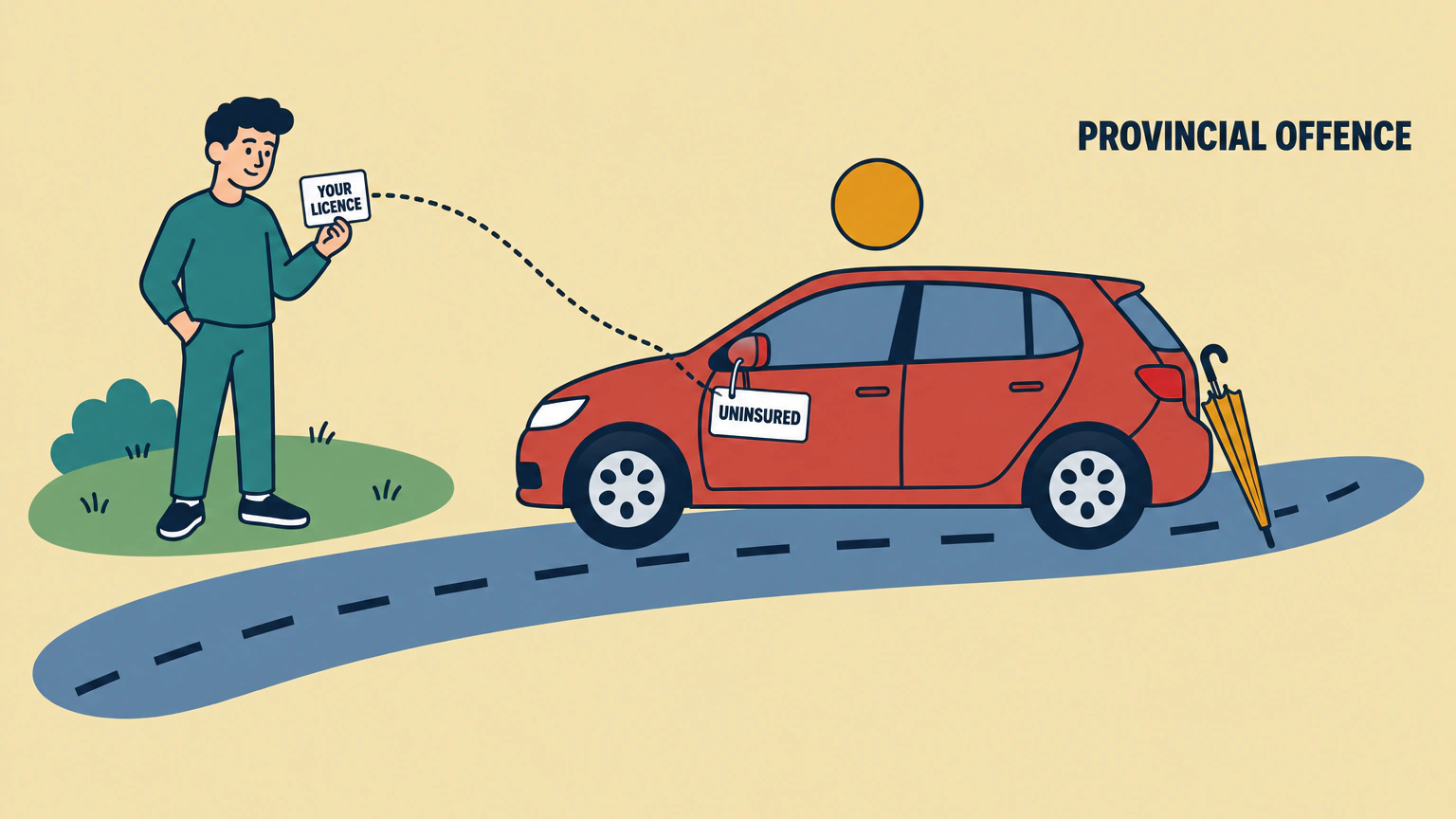Flat vector illustration of a curving road with a small red hatchback parked on it, a tag reading "UNINSURED" hanging from its side mirror and a closed umbrella leaning on its bumper. A man stands on a grass island beside the road holding a blank card labelled "YOUR LICENCE", with a dotted line joining the card to the tag and the words "PROVINCIAL OFFENCE" in the background.