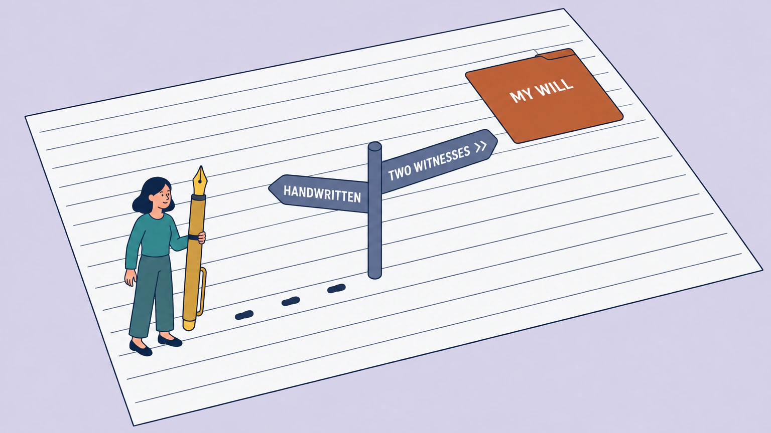 Flat vector illustration of a giant sheet of ruled paper filling the frame and acting as the ground. A small woman stands on it holding an oversized fountain pen, with dotted footsteps leading from her to a two-armed signpost. The left arm is labelled HANDWRITTEN and the right arm TWO WITNESSES. A closed folder labelled MY WILL lies flat at the upper right.