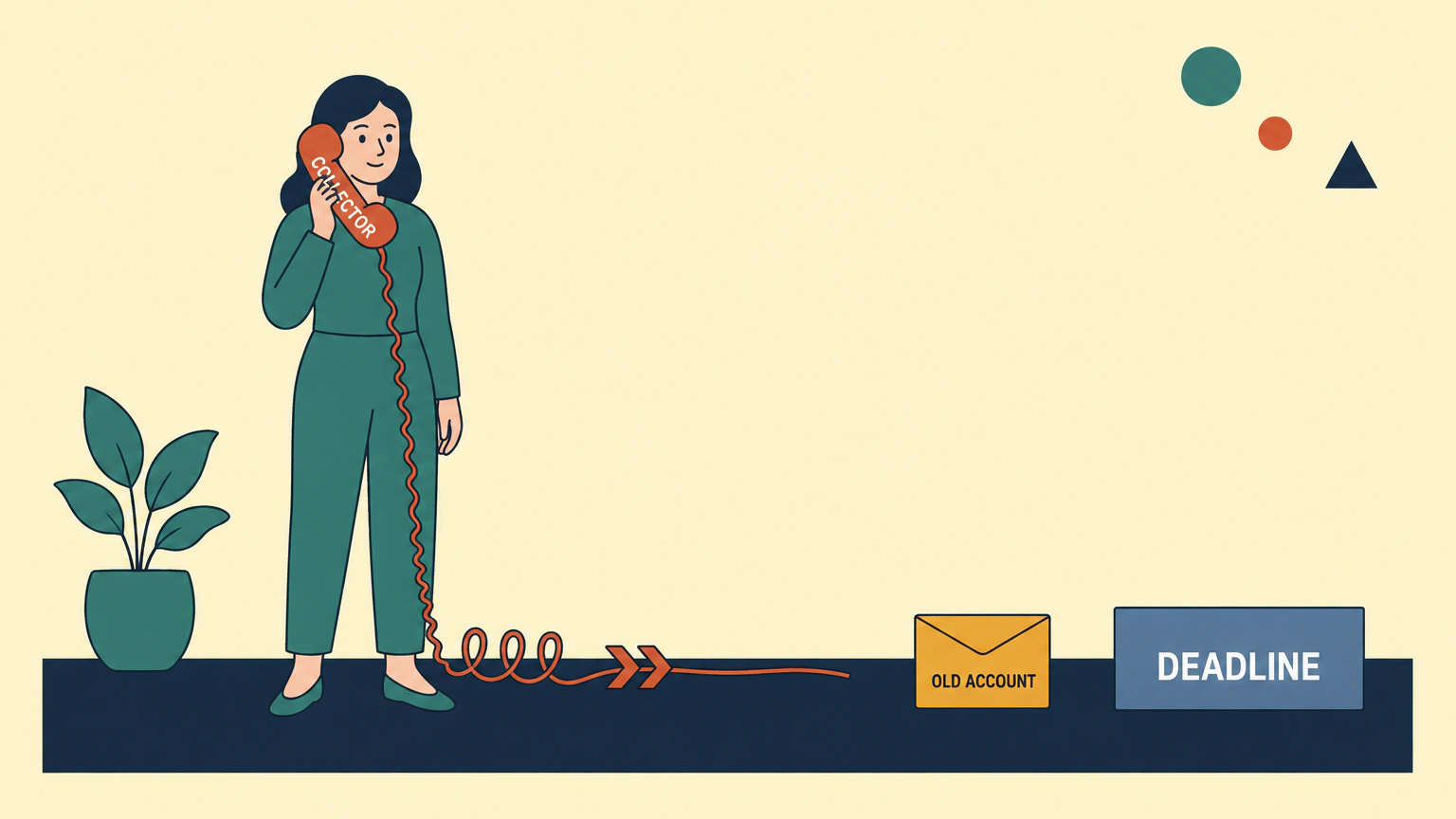 A calm woman stands on a floor band with a telephone handset labelled COLLECTOR held to her ear. The coiled cord runs down and to the right, flattens out and stops well short of a low wall block labelled DEADLINE, with a closed envelope labelled OLD ACCOUNT lying flat in the gap between them.