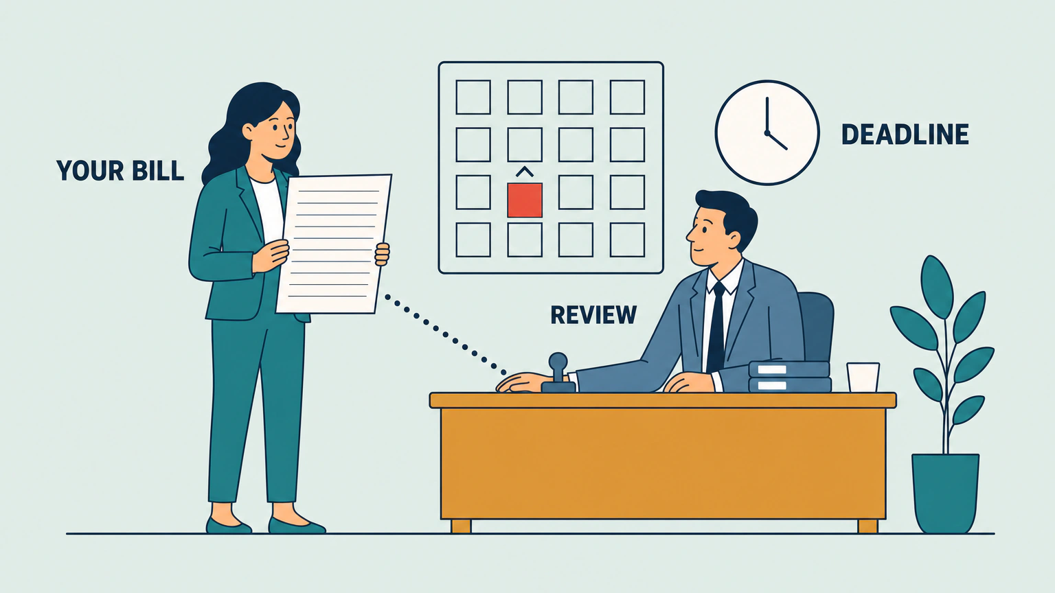 Flat vector illustration of a woman holding out a blank ruled bill to an official seated behind a counter, with a wall grid showing one filled square and a blank clock face beside it, representing a lawyer's bill handed in for review before the deadline.