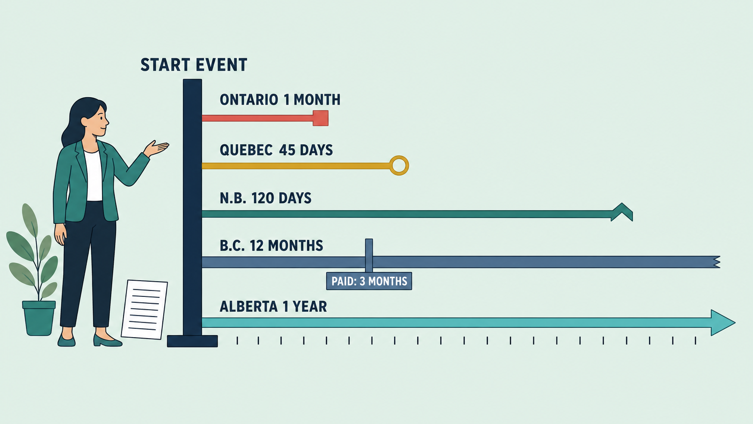 Flat vector chart in which five horizontal lanes run rightward from a vertical spine marking the applicable start event, comparing headline lawyer-bill review windows in Ontario, Quebec, New Brunswick, British Columbia and Alberta, with a separate British Columbia payment deadline marker.