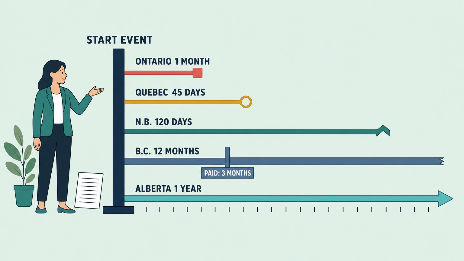 Flat vector chart in which five horizontal lanes run rightward from a vertical spine marking the applicable start event, comparing headline lawyer-bill review windows in Ontario, Quebec, New Brunswick, British Columbia and Alberta, with a separate British Columbia payment deadline marker.