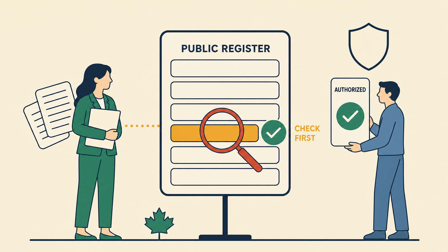 Flat illustration of a woman holding a document folder beside a tall upright screen headed PUBLIC REGISTER, a magnifier over one highlighted row with a green tick and the words CHECK FIRST, and a second figure holding a card marked AUTHORIZED beneath a shield.