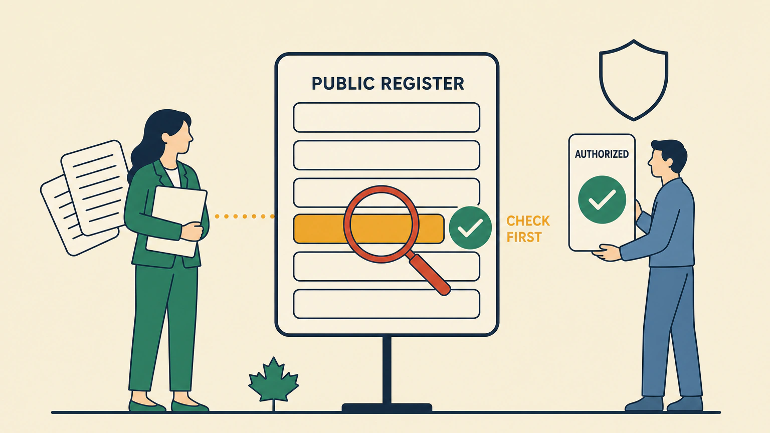 Flat illustration of a woman holding a document folder beside a tall upright screen headed PUBLIC REGISTER, a magnifier over one highlighted row with a green tick and the words CHECK FIRST, and a second figure holding a card marked AUTHORIZED beneath a shield.