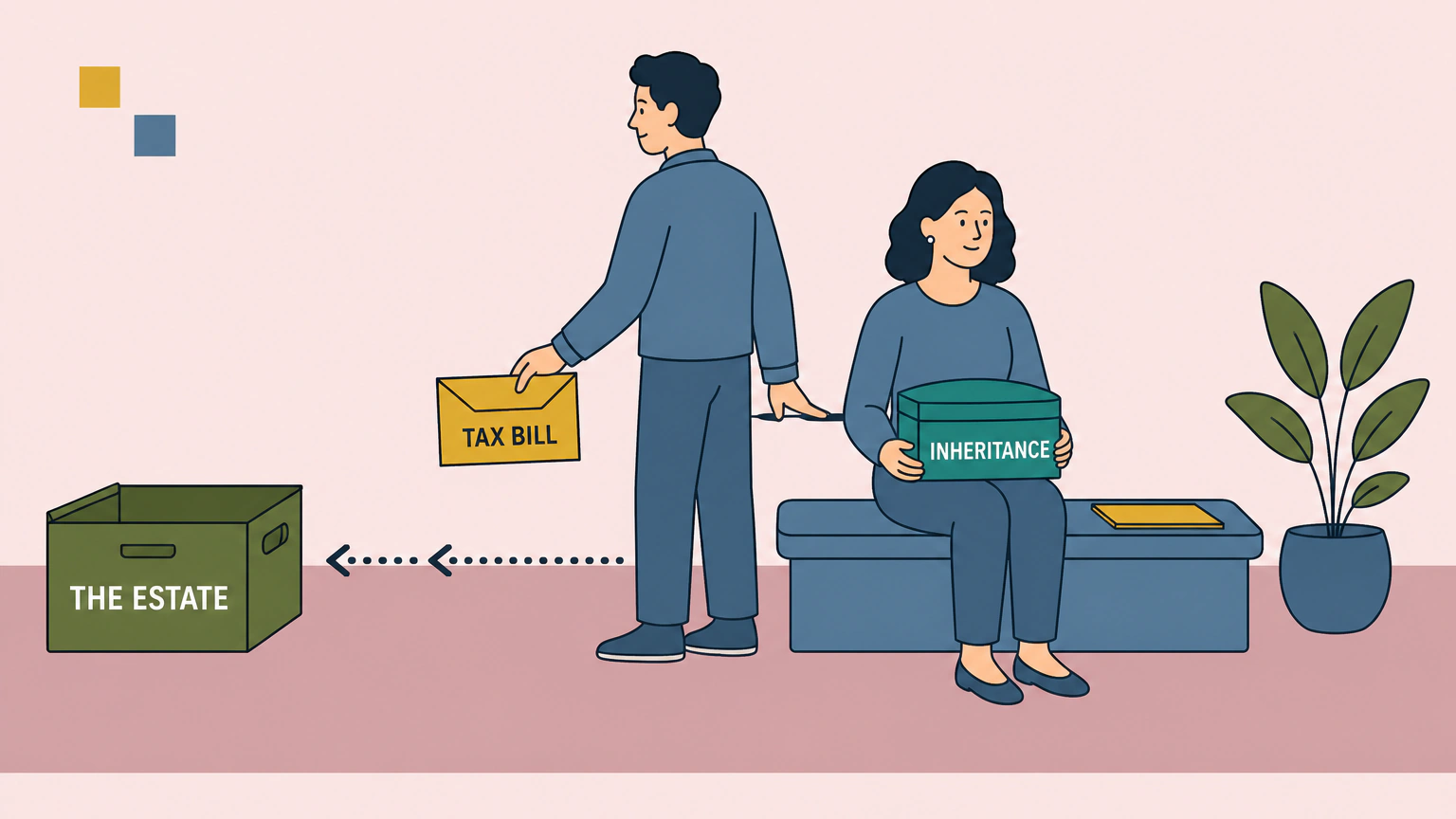 Flat illustration of a woman seated on a low bench holding a closed box labelled INHERITANCE on her lap, while a second figure standing behind the bench carries an envelope labelled TAX BILL toward an open filing crate on the floor labelled THE ESTATE.