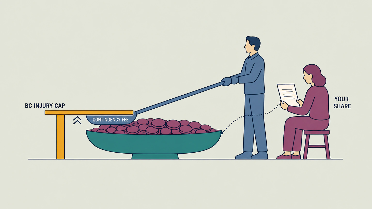 Flat illustration of a B.C. personal injury contingency fee ceiling, labelled BC INJURY CAP, limiting the lawyer's percentage of a plaintiff's recovery through trial.