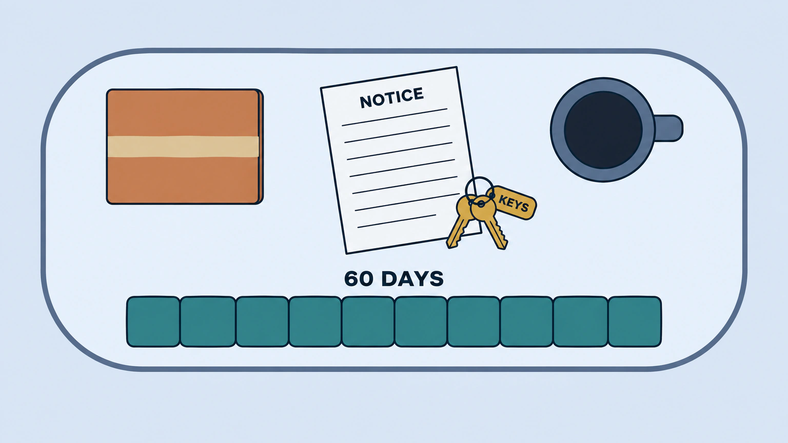 An overhead flat lay on a plain tabletop: a taped moving carton, a tilted sheet of ruled paper marked NOTICE, a keyring tagged KEYS, a mug seen from above, and a strip of ten blank tiles labelled 60 DAYS.