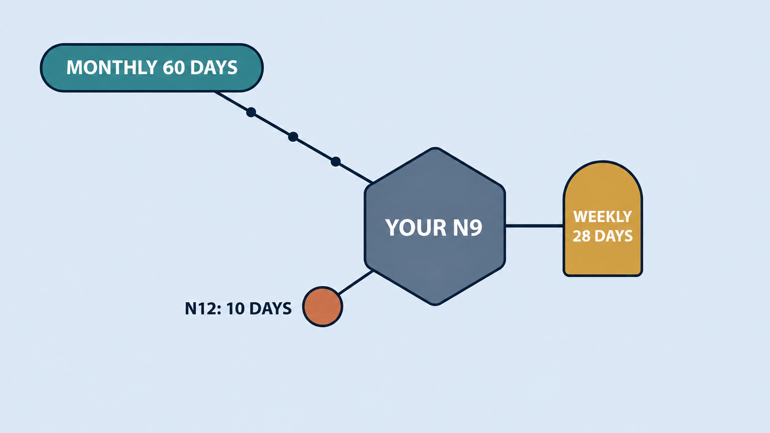 Three notice periods for an Ontario tenant, drawn as three arms of different lengths from one form: sixty days for a month to month tenancy, twenty eight days for a weekly or daily one, and ten days for a tenant who has just been served a landlord's N12 or N13 notice.