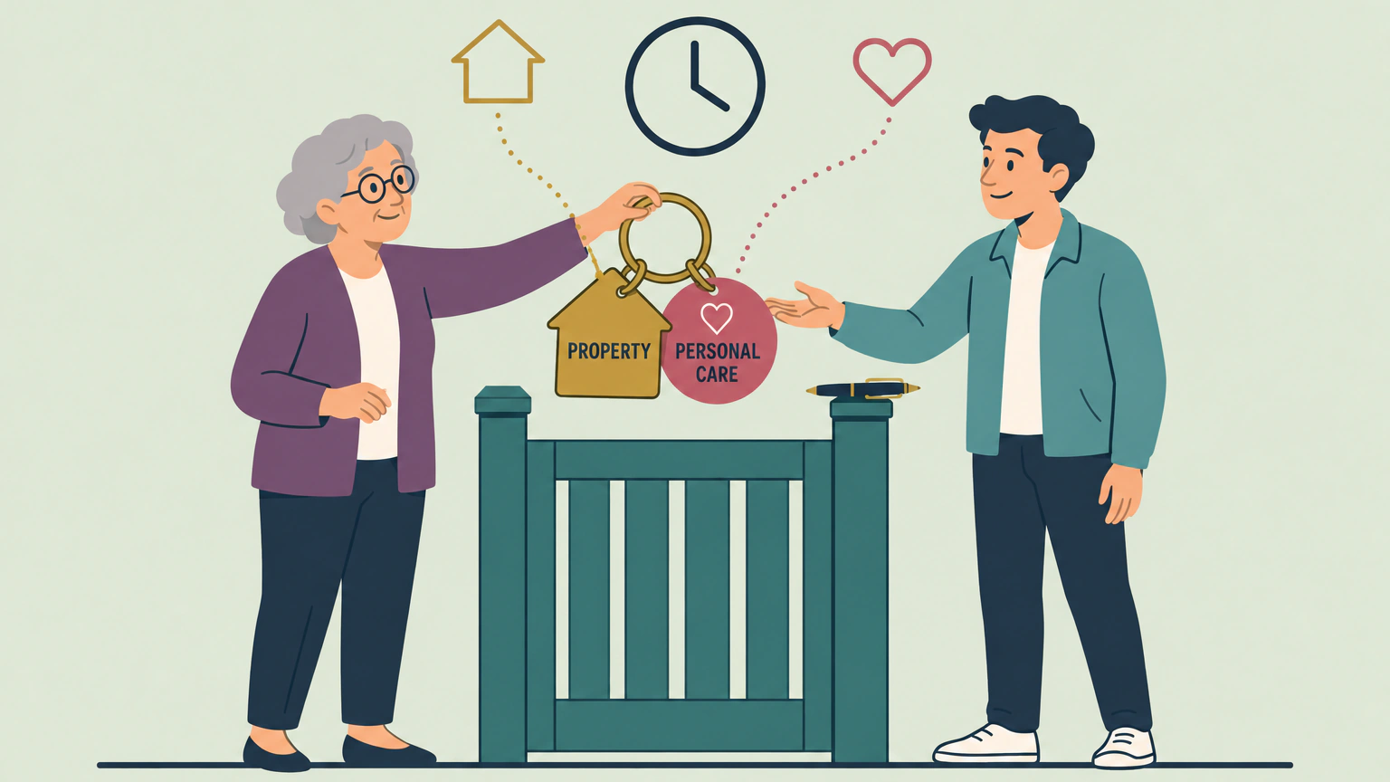 An older woman with grey hair and round glasses hands a large key ring across a low garden gate to a younger man reaching out to take it. Two oversized tags hang from the ring, a house shape labelled PROPERTY and a round tag with a heart labelled PERSONAL CARE, with a clock floating above the gate.