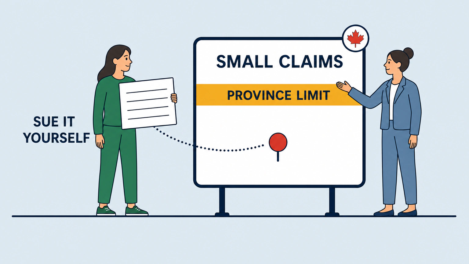 Flat vector illustration of a woman holding up a blank claim sheet beside a tall display board labelled SMALL CLAIMS, with an amber PROVINCE LIMIT bar across it and a red marker sitting below the bar, while a court clerk gestures toward the bar.